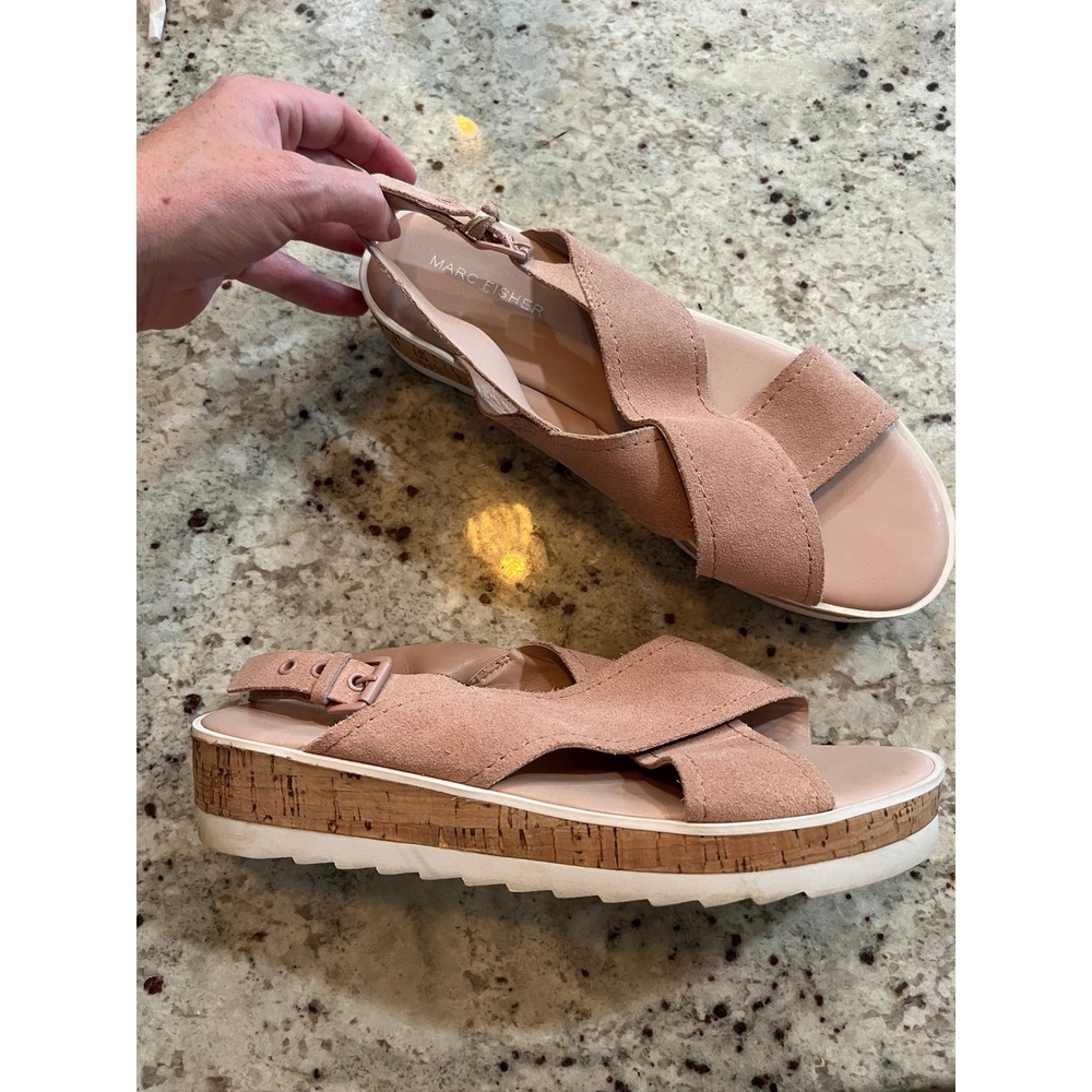 Marc Fisher Glitze Blush Suede Cork Platform‎ Wedge Sandals Pink Womens 9M
